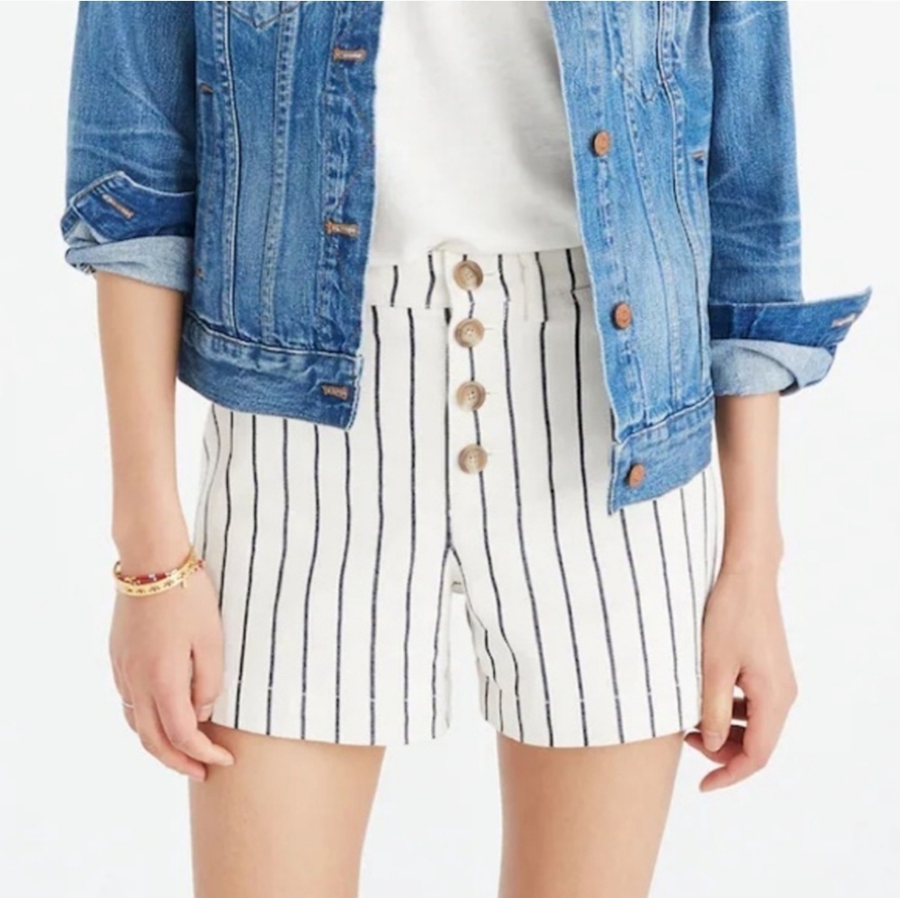 MADEWELL The Emmett Striped White and Navy Denim Women's High Waisted Shorts 31 - Picture 2 of 15